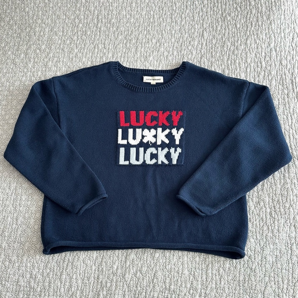 Lucky Brand Navy Blue Crop Sweater with Lucky Clover Graphic Rolled Hem Size L - Picture 5 of 8
